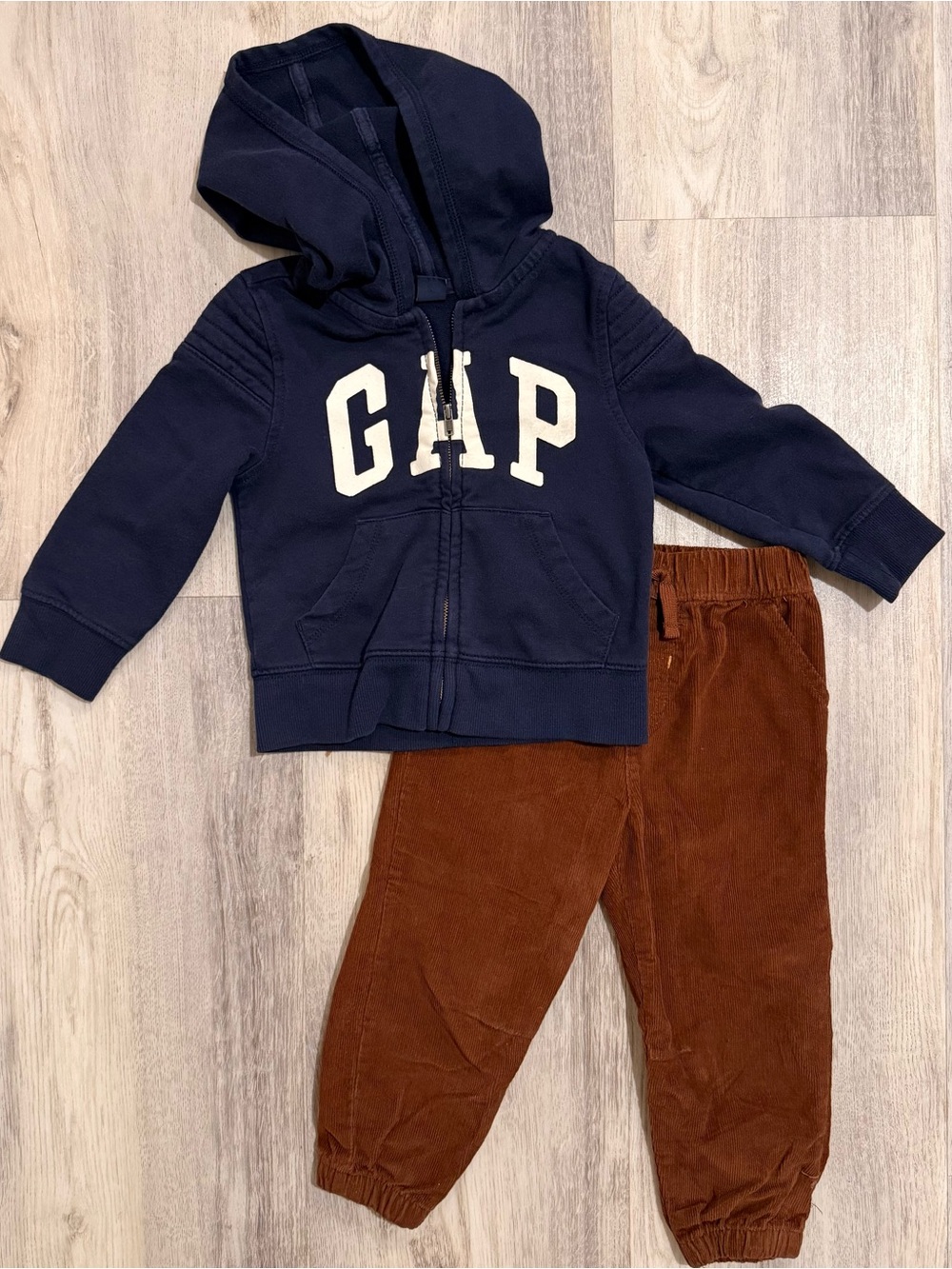 Baby Gap Navy Logo Zip Hoodie & Brown Corduroy Jogger Pants 24M/2T Outfit
